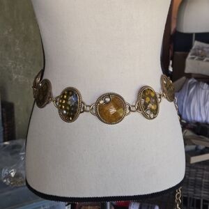 Chico’s Gold Tone Medallion Chain Belt Amber Crystal Adjustable Boho